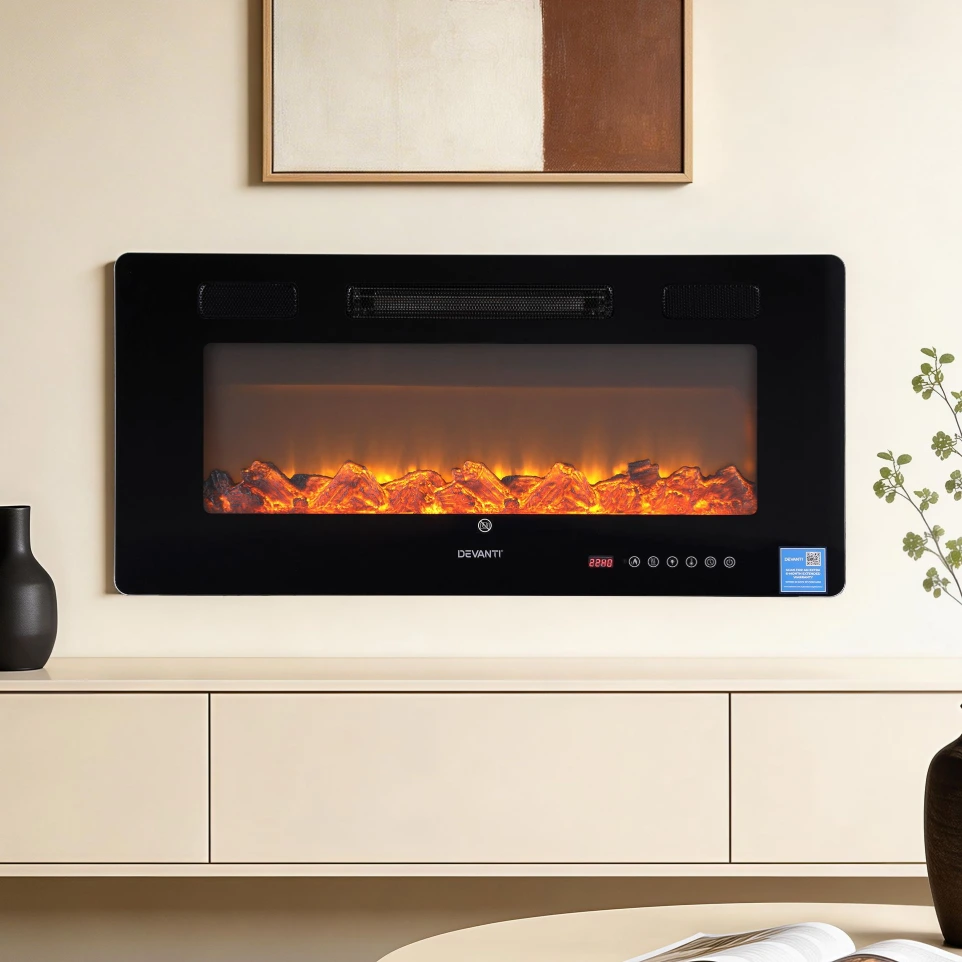 Devanti Electric Fireplace Fire Heater Wall Mounted Insert 3D Flame 1800W Remote Control