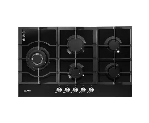 Devanti Gas Cooktop 90cm 5 Burner Stove Hob Cooker Kitchen NG LPG Black Glass