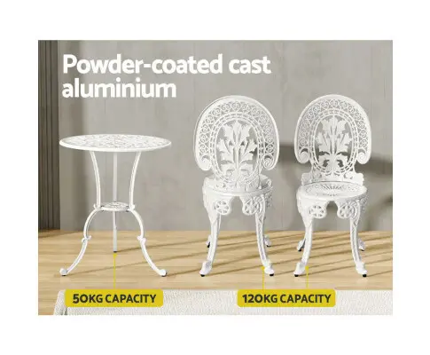 Gardeon 3PC Patio Furniture Outdoor Bistro Set Dining Chairs Aluminium White