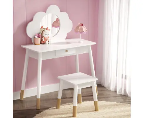 Keezi Kids Vanity Makeup Dressing Table Chair Set Wooden Mirror Drawer White