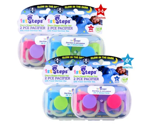 1st Steps 24PCE Cherry Teat Pacifiers With Case Glow In The Dark 3-6+ Month