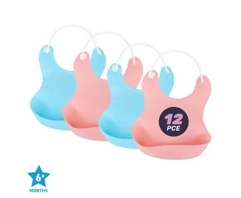 1st Steps 12PCE Food & Liquid Catcher Flexible Bibs Waterproof 25 x 21cm