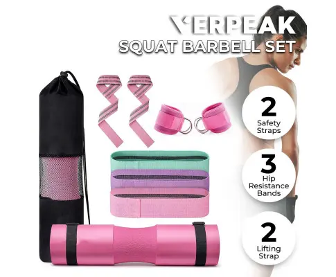 VERPEAK Barbell Squat Pad set,2 Safety Straps, 3 Hip Resistance Bands, 2 Lifting Strap, Barbell Pad and Bag (Pink)