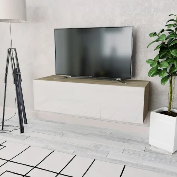 TV CABINET CHIPBOARD 120X40X34 CM HIGH GLOSS WHITE AND OAK