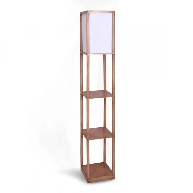 SARANTINO ETAGERE FLOOR LAMP OFF-WHITE FABRIC SHADE OAK WOOD FINISH