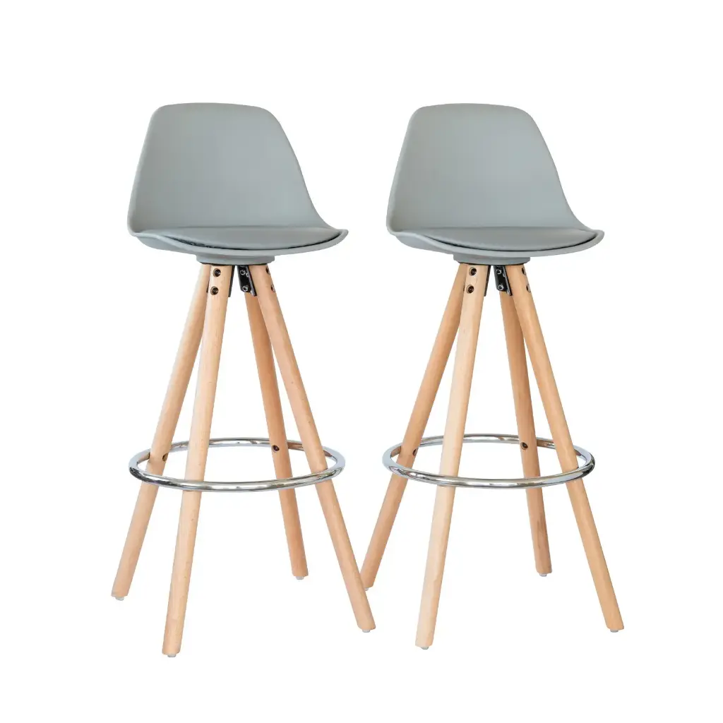 2 x PU Leather Padded Barstools (Light Grey/Wood) with Metal Footrest