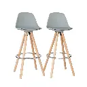 2 x PU Leather Padded Barstools (Light Grey/Wood) with Metal Footrest