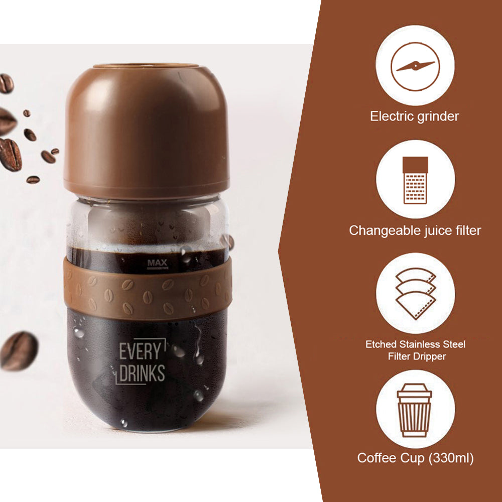 Brown All in1 Anywhere Portable Drip Pour Over Coffee Maker + Electric Grinder Anywhere Freshly Ground Coffee