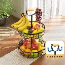 2-Tier Fruit Basket Bowl Storage with Wood Lift Handle and Dual Banana Tree Hanger for Kitchen Countertop