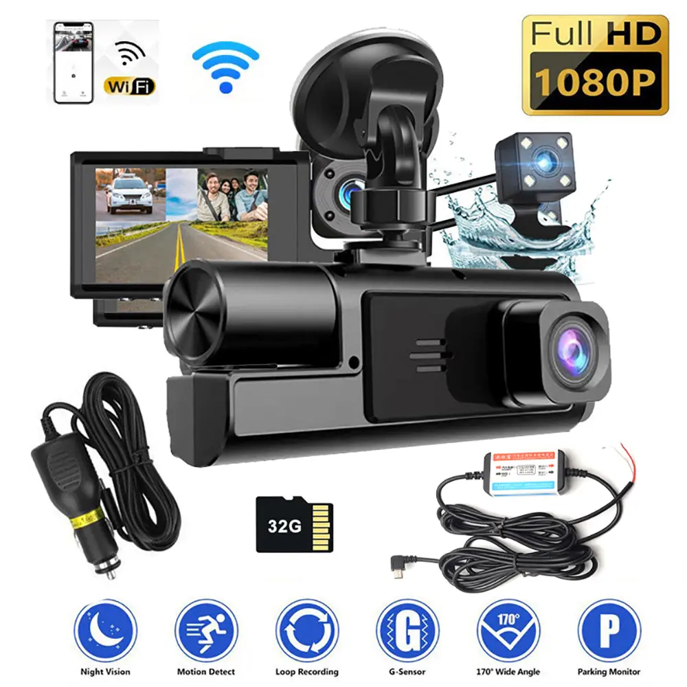 WIFI 3 Channels Dash Cam 1080P Full HD Car Dashcam with Hardwire Kit and 32GB