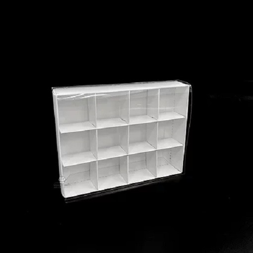 Retail Gift Box - 12 bay 4x4x3cm Compartments - Clear Slide On Lid - 16x12x3cm R50 Pack of White Card