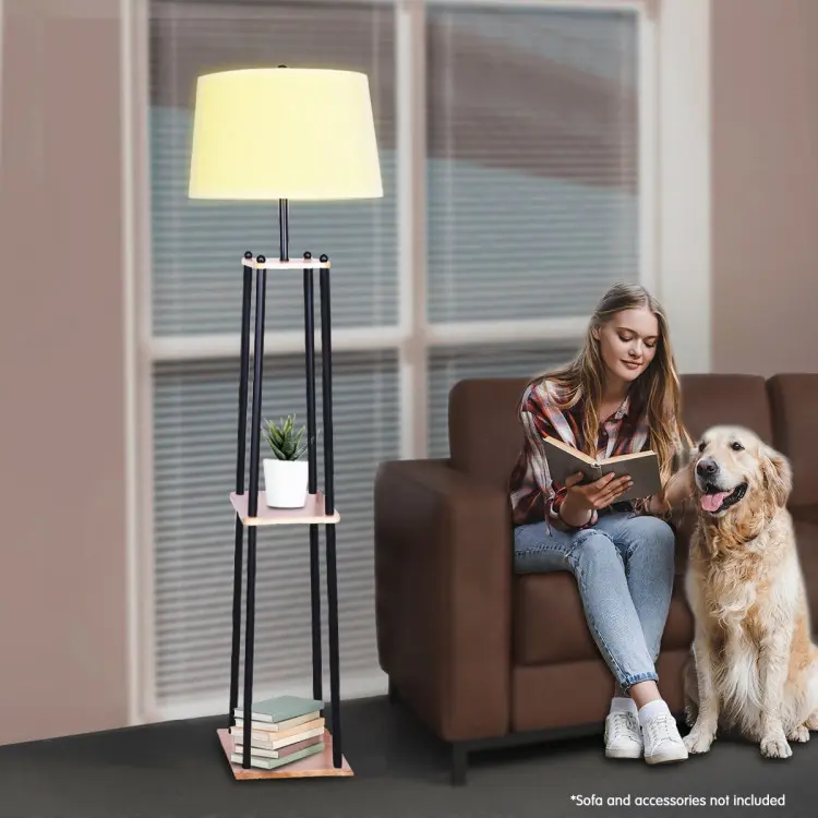 Sarantino Metal Etagere Floor Lamp w/ Wood Shelf Linen Fabric Shade