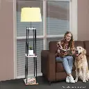 Sarantino Metal Etagere Floor Lamp w/ Wood Shelf Linen Fabric Shade