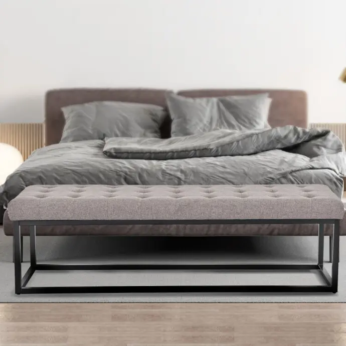 CAMERON BUTTON-TUFTED UPHOLSTERED BENCH WITH METAL LEGS - LIGHT GREY