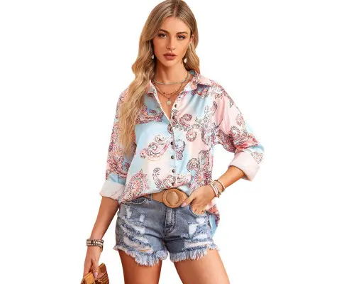 Azura Exchange Paisley Print Lantern Sleeve Button-Down Shirt  (S)