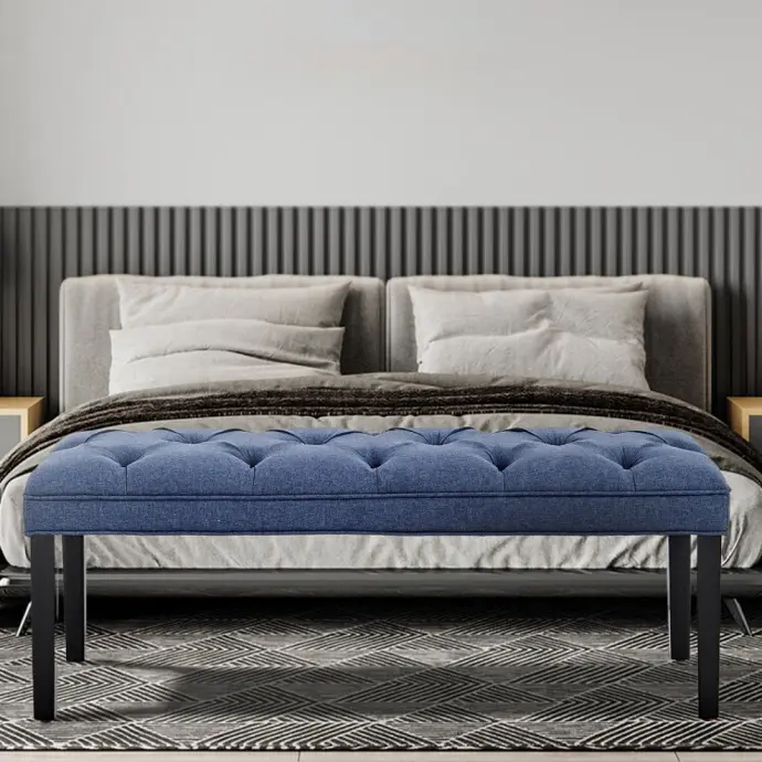 CATE BUTTON-TUFTED UPHOLSTERED BENCH WITH TAPERED LEGS BY SARANTINO - BLUE LINEN