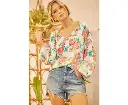 Azura Exchange Pleated Puff Sleeve Blouse with V Neck and Floral Design 