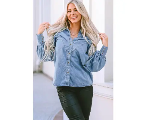 Azura Exchange V-shape Stitching Puff Sleeve Denim Shirt 