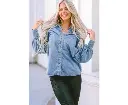 Azura Exchange V-shape Stitching Puff Sleeve Denim Shirt 