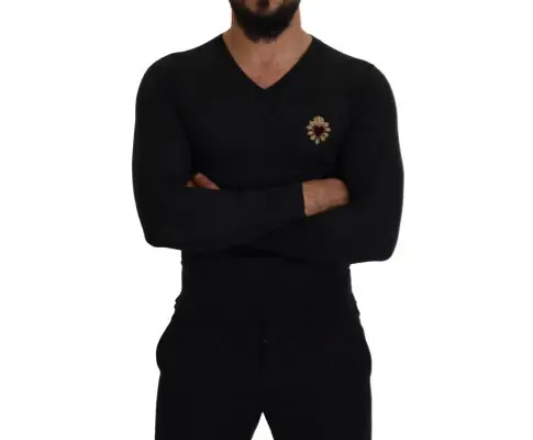 Dolce & Gabbana V-Neck Sweater with Heart Embroidery 44 IT