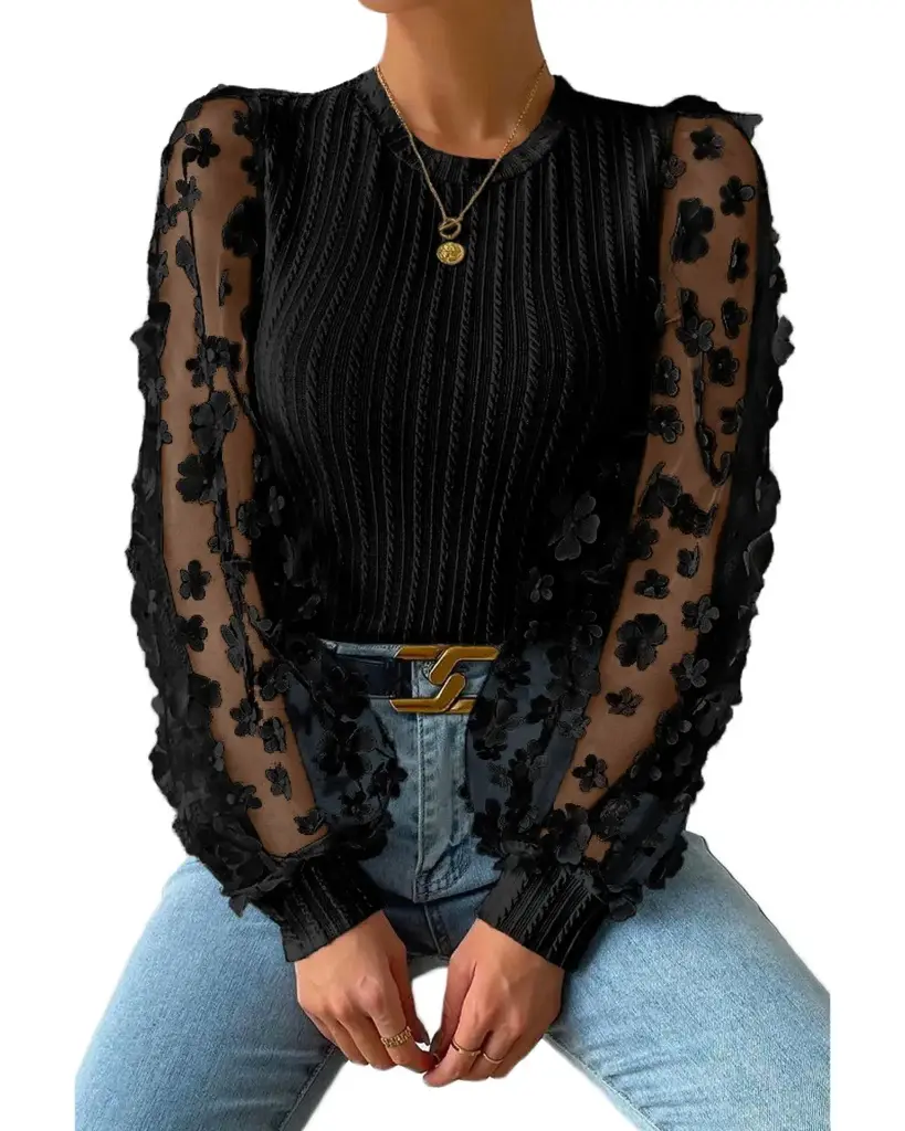 Azura Exchange Textured Knit Blouse with Floral Applique Mesh Sleeves  (S)