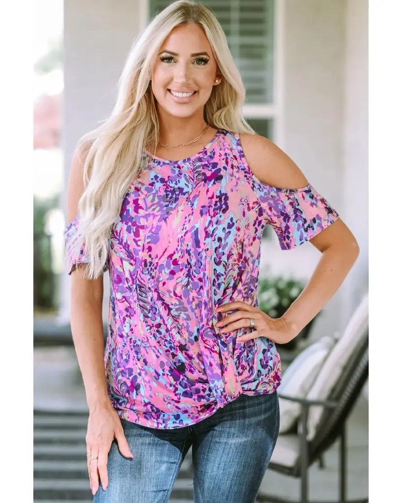 Azura Exchange Lavender Floral Print Cold Shoulder Blouse 