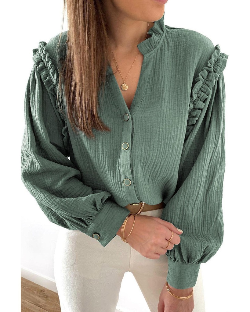 Azura Exchange Frilled Split Neck Crinkled Shirt  (S)