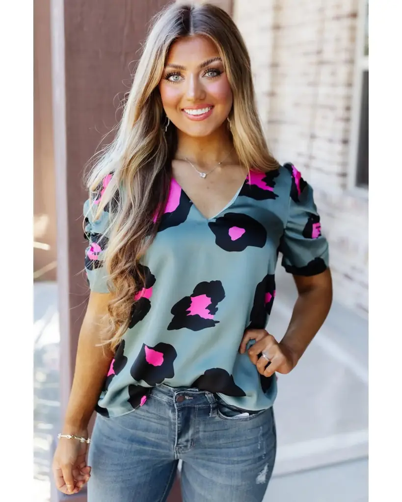 Azura Exchange Leopard Print Ruched Short Sleeve Blouse 