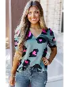 Azura Exchange Leopard Print Ruched Short Sleeve Blouse 