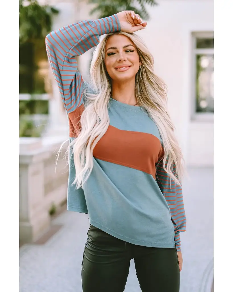 Azura Exchange Striped Bishop Sleeve Top 