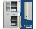FORTIA 4-Door Lockable Steel Stationery Storage Cabinet, Display Windows, 2 Drawers, Grey