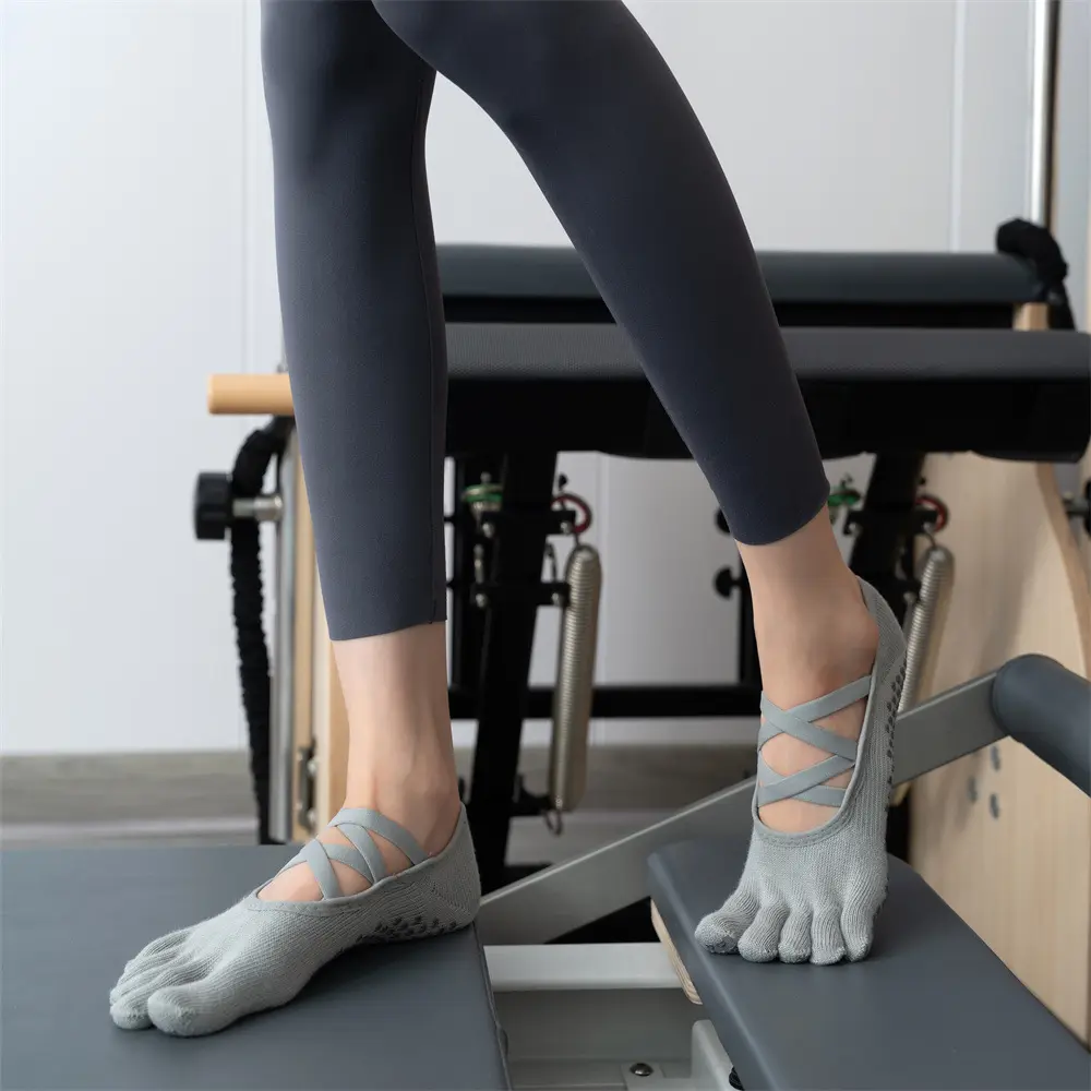 2 Pcs Non-Slip Yoga Pilates Socks with Toe Design for Women - Cotton Blend with Anti-Slip Silicone Grip (Blue)