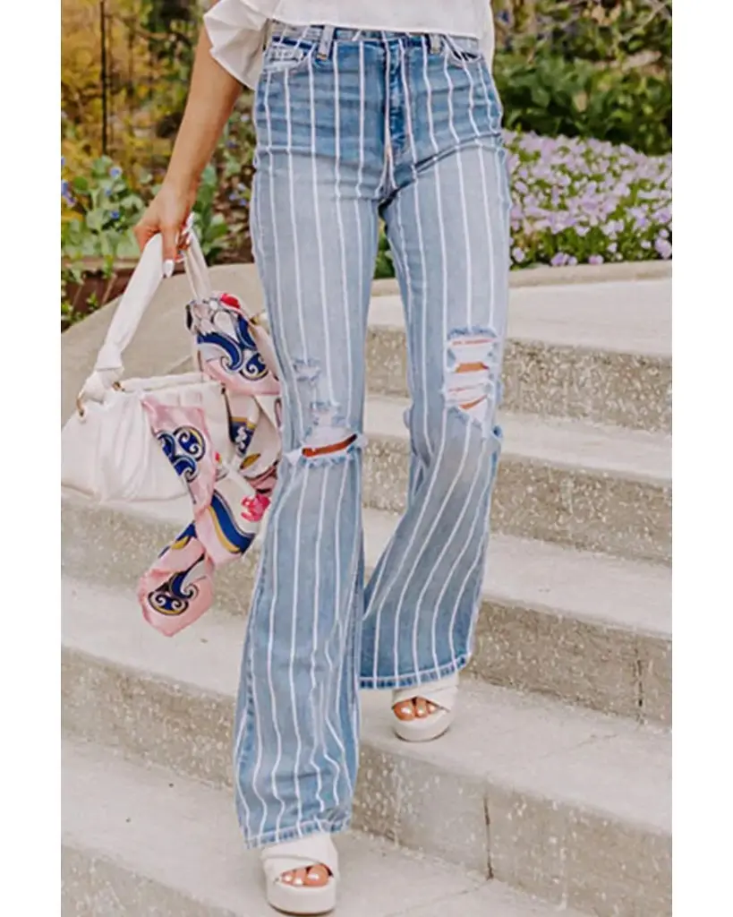 Azura Exchange Vertical Striped Ripped Flare Jeans