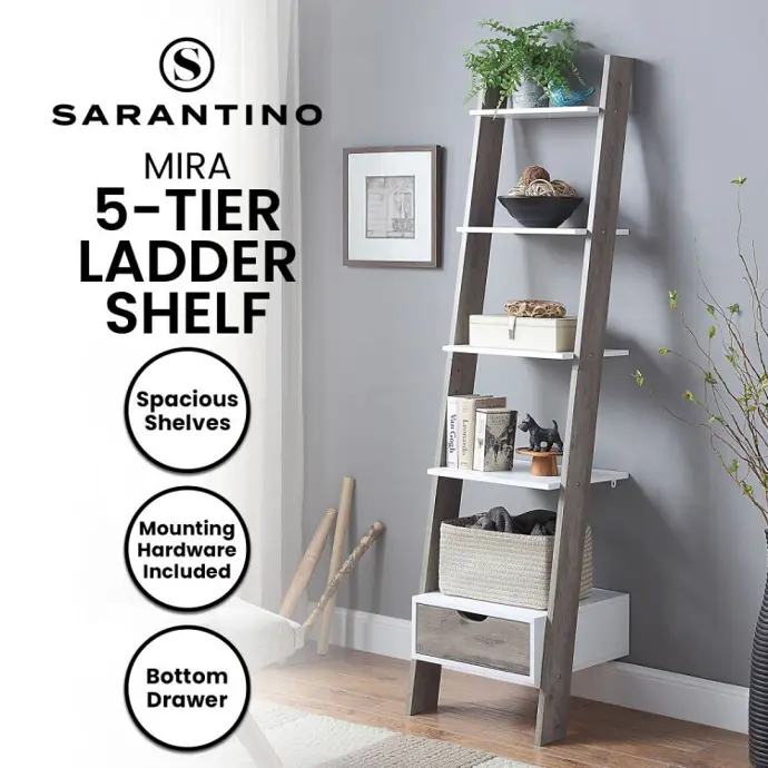 SARANTINO MIRA 5-TIER LADDER SHELF - WHITE AND GREY OAK