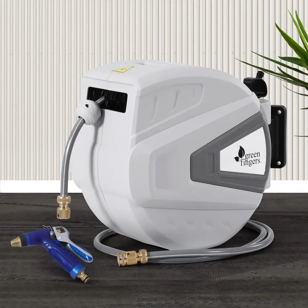 Green Fingers 30M Water Hose Reel Retractable Auto Rewind Wall Mount Garden Spray Gun