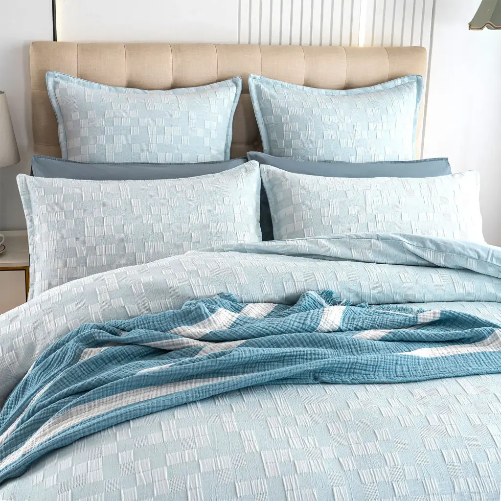 Jervis Checks Jacquard French Blue Quilt Cover Set by Renee Taylor Queen