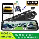 10” 4K Mirror Dash Cam, 2K Rear Camera, WiFi GPS ADAS BSD, Stream Media, 64GB Included