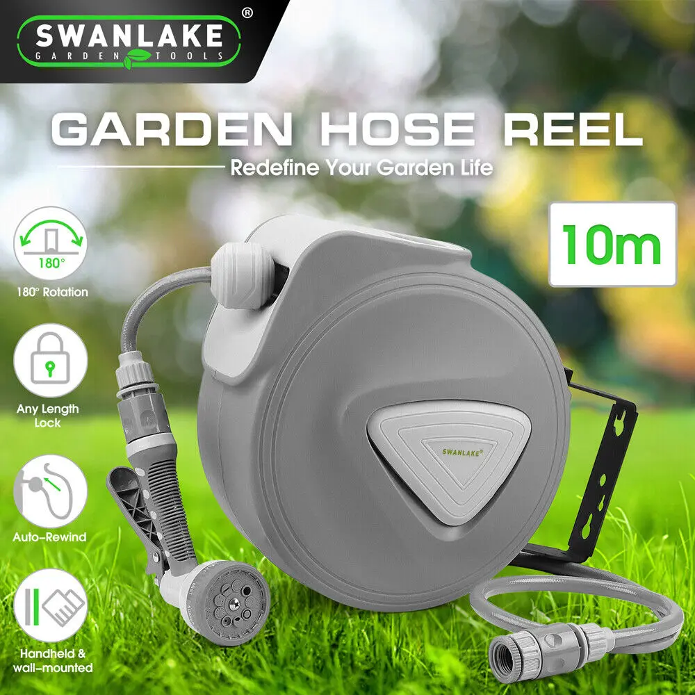 Swanlake 10M Retractable Garden Air Hose Reel Storage Auto Rewind Wall Mounted Grey AU