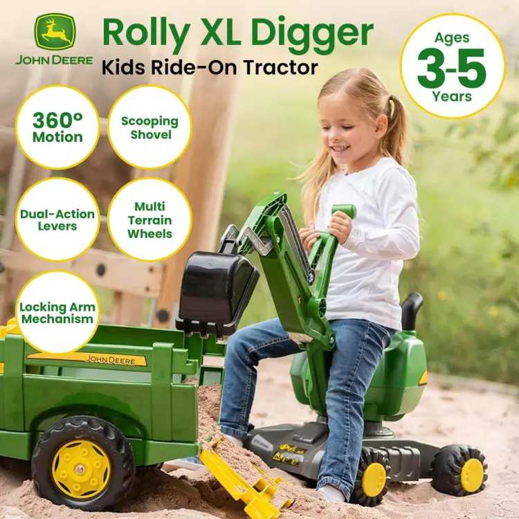 John Deere Rolly Digger XL Ride-On Excavator 360 degree Rotation, Work Scoop & Levers All-Terrain 3+