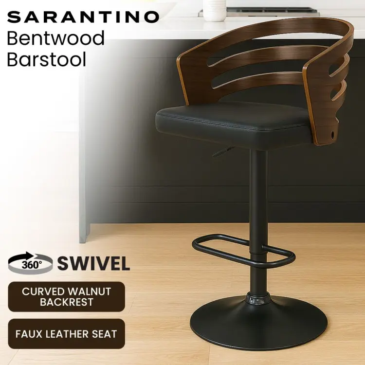 Sarantino Bentwood Walnut Barstool Leather Seat and Metal Base