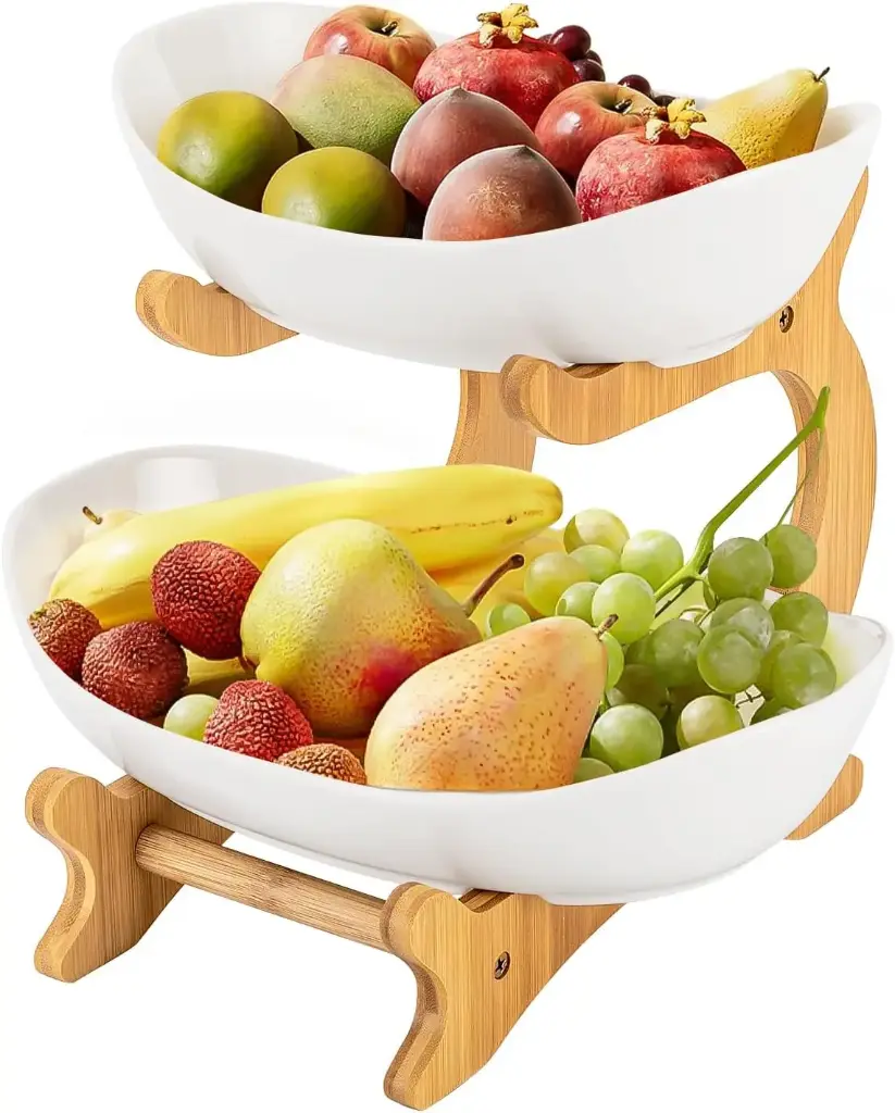 CARLA HOME 2-Tier Ceramic Fruit Bowl Basket with Bamboo Stand