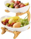 CARLA HOME 2-Tier Ceramic Fruit Bowl Basket with Bamboo Stand