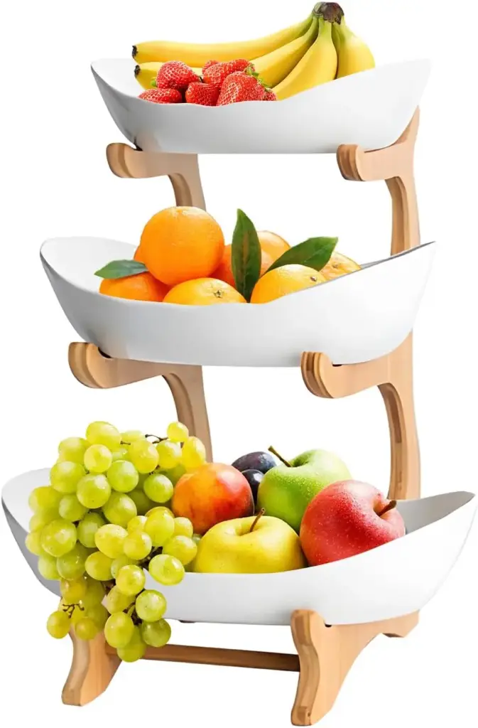 CARLA HOME 3-Tier Ceramic Fruit Bowl Basket with Bamboo Stand