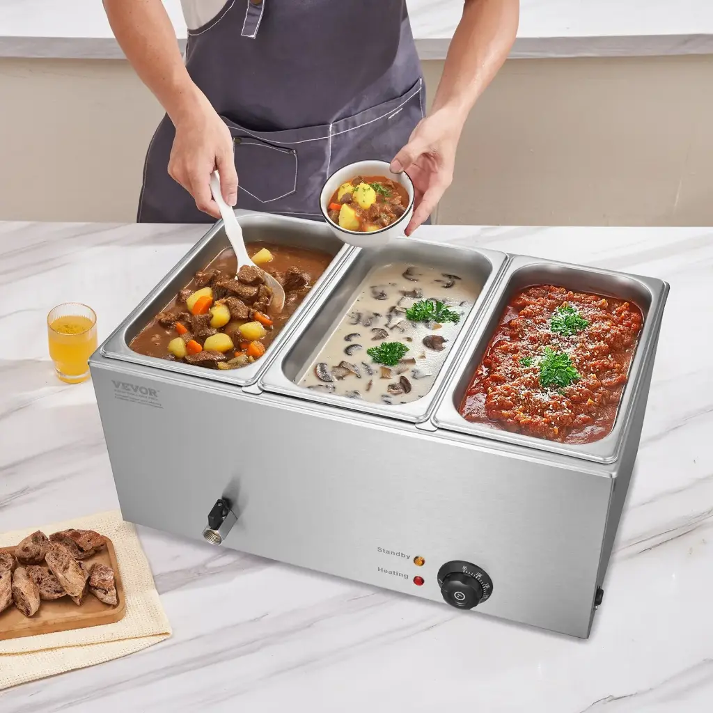 VEVOR 3-Pan Commercial Food Warmer, 16.5L Electric Steam Table, 1200W Professional Countertop Stainless Steel Buffet Bain Marie