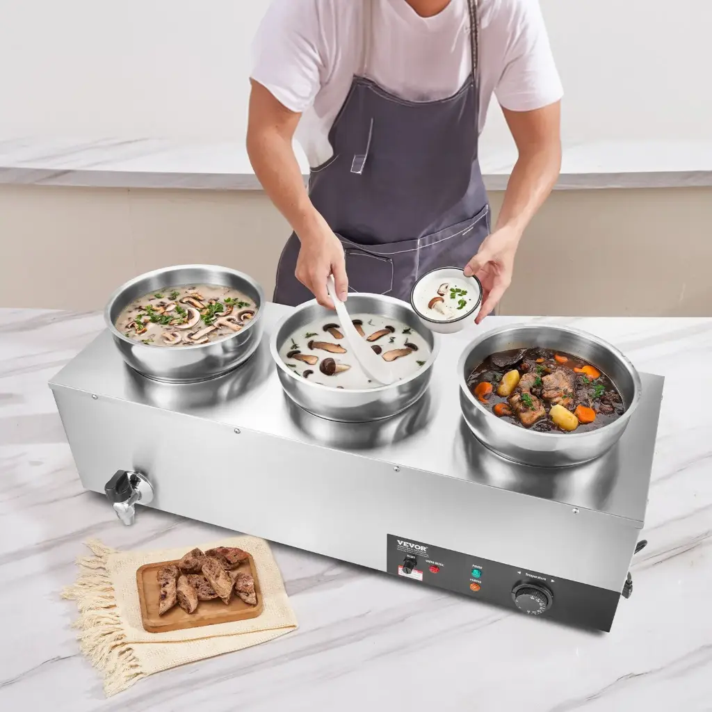 VEVOR Electric Soup Warmer, Three 7.4QT Stainless Steel Round Pot, 1200W Commercial Food Warmer