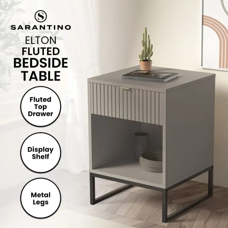 Sarantino Elton Fluted Bedside Table - Grey