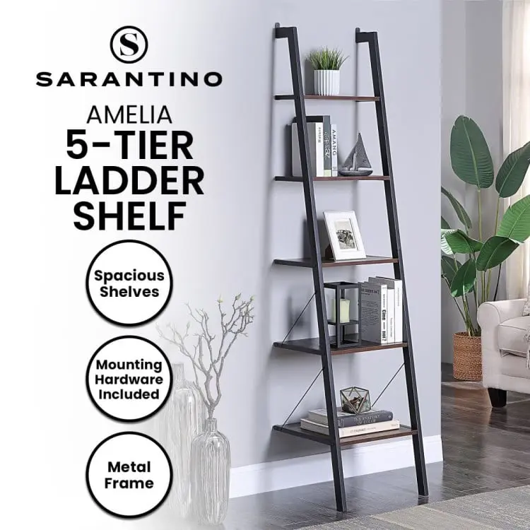 Sarantino Amelia 5-Tier Ladder Shelf in Walnut