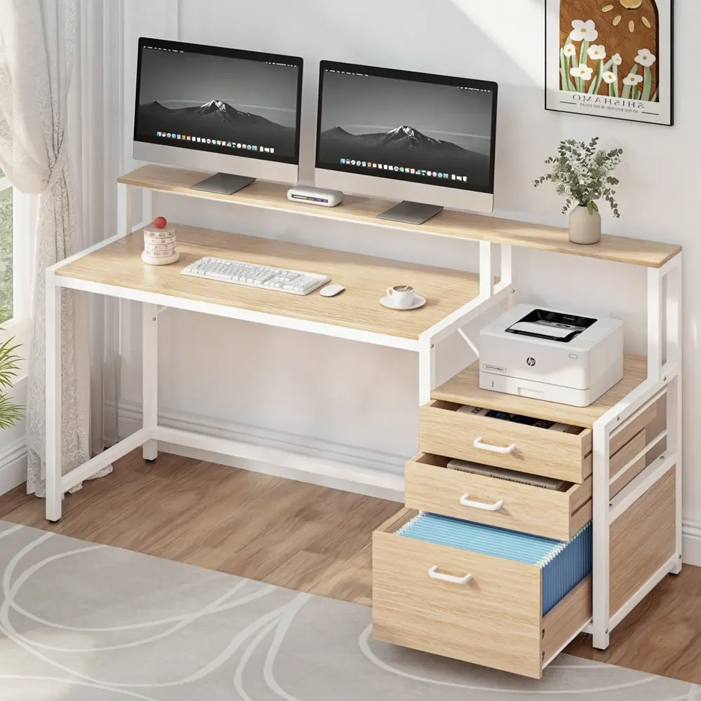 Artiss Computer Desk Home Office Study Table Desks w/Drawers Open Shelf Oak 160CM