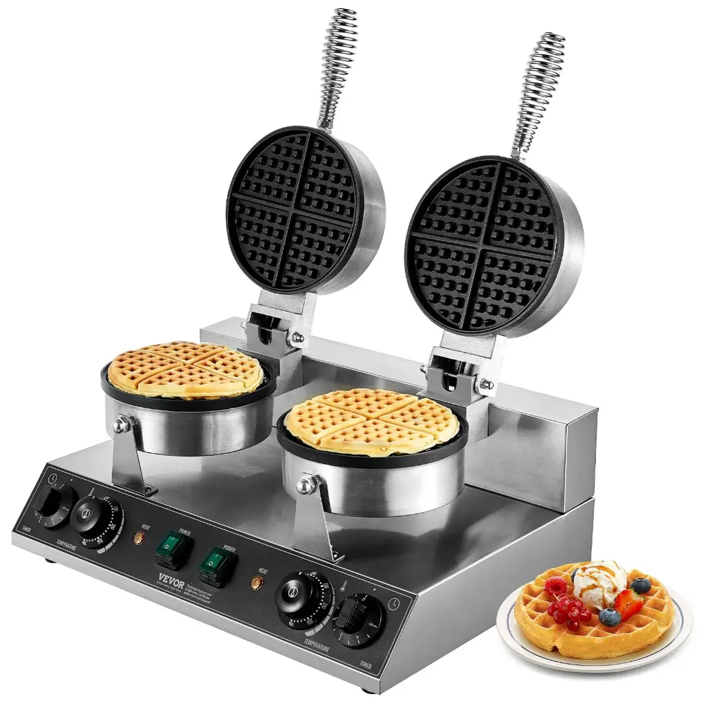 VEVOR Commercial Waffle Maker, Dual-Head Round Waffle Baker Machine, 2460W
