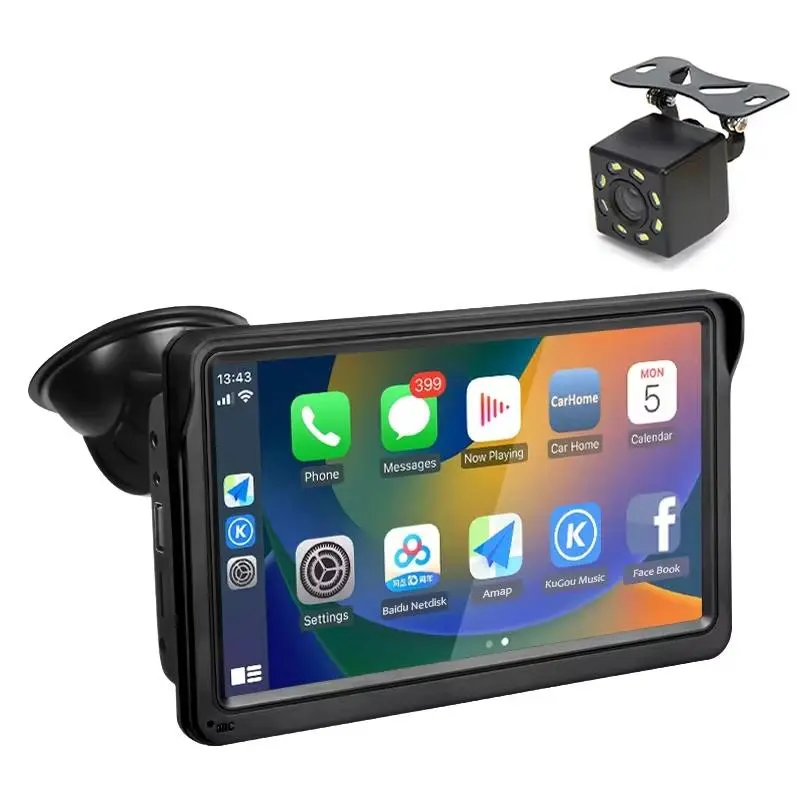 7 Inch Bluetooth 5.0 Carplay Monitor - Portable Compatible With Most Vehicles - Display + Camera